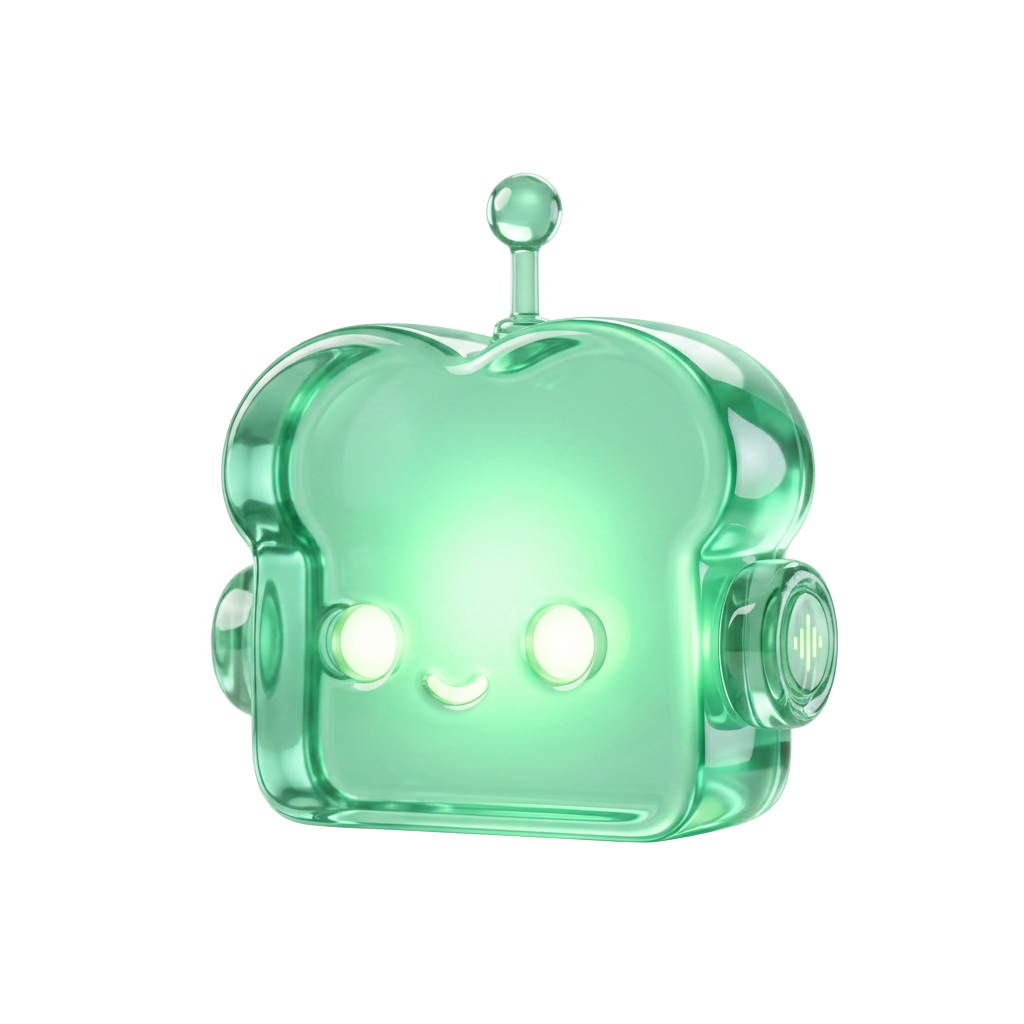 Pons Bread mascot: a translucent green glass loaf with glowing eyes